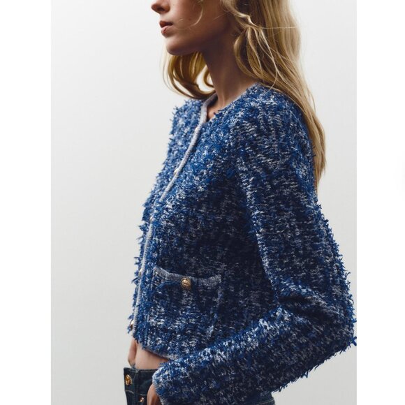 Zara Cable knit jacket Navy Tweed Blazer with Gold Buttons M L NWT - Picture 5 of 14